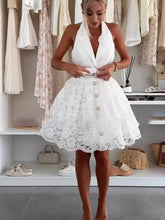 LIZAKOSHT  -  Sexy V-neck Lace Halter Flower Short Dress Women Sleeveless High Waist Belt Button Dresses Lady Summer Chic Evening Party Robes